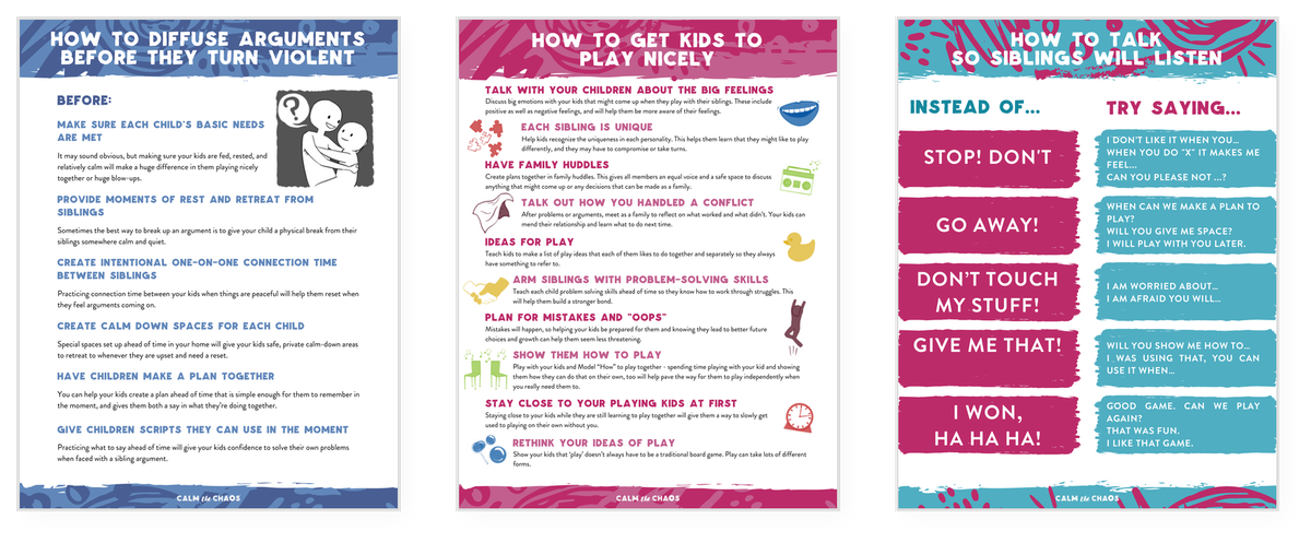 3 wall posters — Diffuse Arguments, Play Nicely, Talk So Siblings Listen